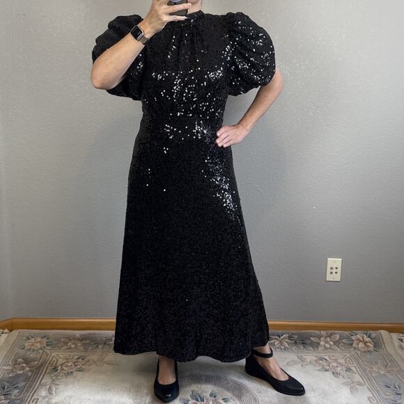 Tuckernuck Black Shimmer Sequin Perris Maxi Midi Dress Size XXL Puff Sleeve Bow - Picture 1 of 9